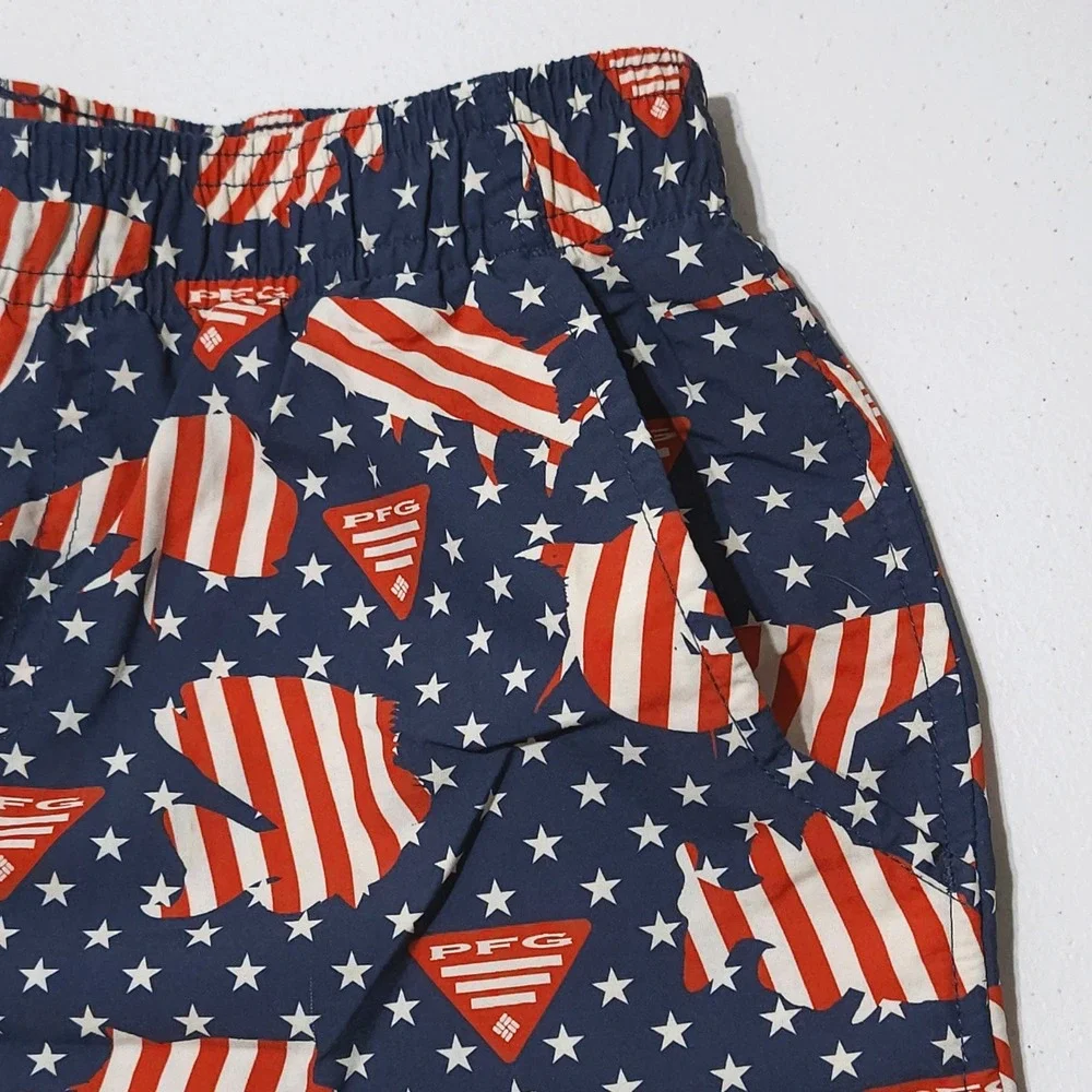 Columbia PFG Nylon Shorts Youth Medium 10/12 Blue Red White Stars Fish Patriotic